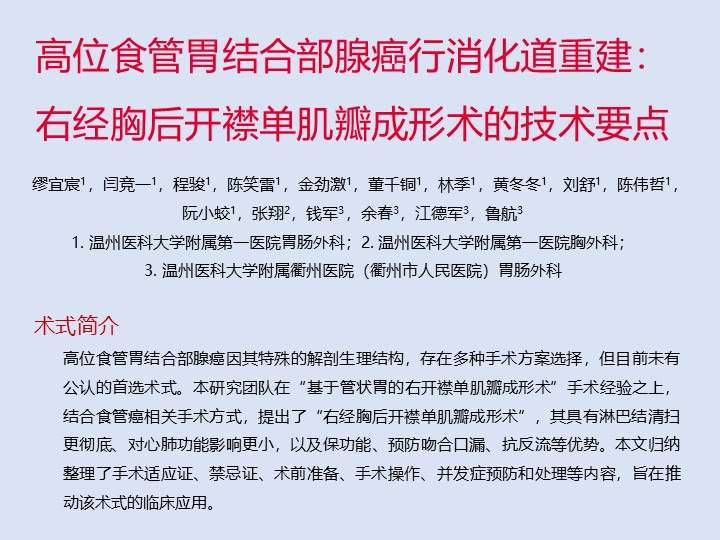 高位食管胃结合部腺癌行消化道重建：右经胸后开襟单肌瓣成形术的技术要点